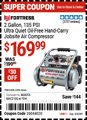 www.hfqpdb.com - FORTRESS 2 GALLON, 135 PSI ULTRA QUIET OIL-FREE HAND-CARRY JOBSITE AIR COMPRESSOR Lot No. 64596/64688