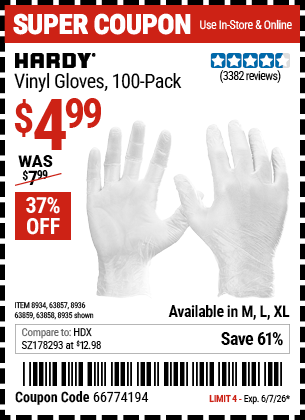 www.hfqpdb.com - HARDY VINYL GLOVES, 100-PACK Lot No. 8934/63857/8935/63858/8936/63859