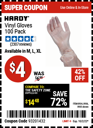 Harbor Freight POWDER-FREE VINYL GLOVES PACK OF 100 coupon