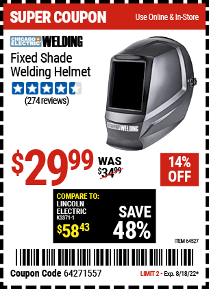 Harbor Freight CHICAGO ELECTRIC FIXED SHADE WELDING HELMET coupon