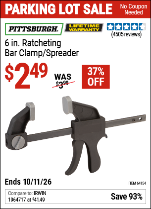 www.hfqpdb.com - PITTSBURGH 6 IN. RATCHETING BAR CLAMP/SPREADER Lot No. 64154
