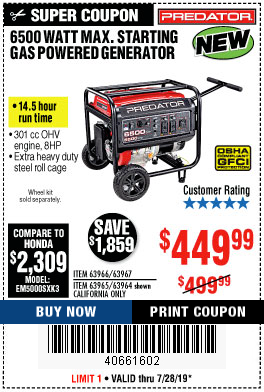 Harbor Freight Tools Coupon Database Free Coupons 25 Percent Off Coupons Toolbox Coupons 6500 Max Starting 5500 Running Watts 8 Hp 301 Cc Gas Generator
