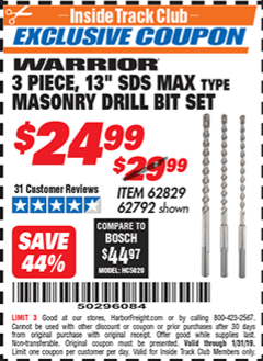 Harbor Freight Tools Coupon Database Free Coupons 25 Percent Off Coupons Toolbox Coupons 3 Piece 13a Sds Max Type Masonry Drill Bit Set Warrior