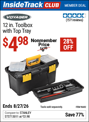 www.hfqpdb.com - VOYAGER 12 IN. TOOLBOX WITH TOP TRAY Lot No. 96602