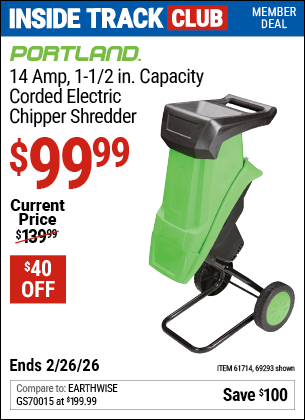 www.hfqpdb.com - PORTLAND 14 AMP, 1-1/2 IN. CAPACITY CORDED ELECTRIC CHIPPER SHREDDER Lot No. 69293/61714
