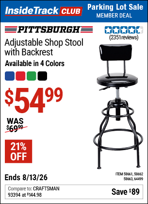 www.hfqpdb.com - PITTSBURGH ADJUSTABLE SHOP STOOL WITH BACKREST Lot No. 58661/58662/58663/64499