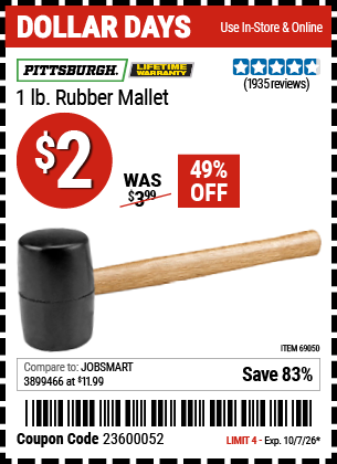 www.hfqpdb.com - PITTSBURGH 1 LB. RUBBER MALLET Lot No. 69050