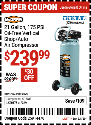 www.hfqpdb.com - MCGRAW 21 GALLON, 175 PSI OIL-FREE VERTICAL SHOP/AUTO AIR COMPRESSOR Lot No. 64858/57259