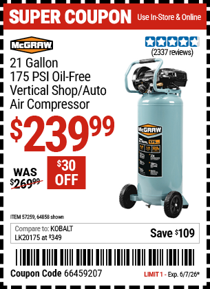 www.hfqpdb.com - MCGRAW 21 GALLON, 175 PSI OIL-FREE VERTICAL SHOP/AUTO AIR COMPRESSOR Lot No. 64858/57259