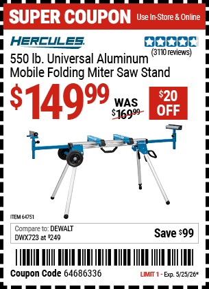 www.hfqpdb.com - HERCULES 550 LB. UNIVERSAL ALUMINUM MOBILE FOLDING MITER SAW STAND Lot No. 64751
