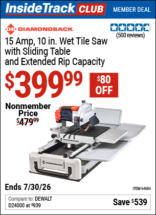 www.hfqpdb.com - DIAMONDBACK 15 AMP, 10 IN. WET TILE SAW WITH SLIDING TABLE AND EXTENDED RIP CAPACITY Lot No. 64684