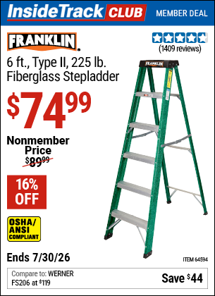 www.hfqpdb.com - FRANKLIN 6 FT., TYPE II, 225 LB. FIBERGLASS STEPLADDER Lot No. 64594