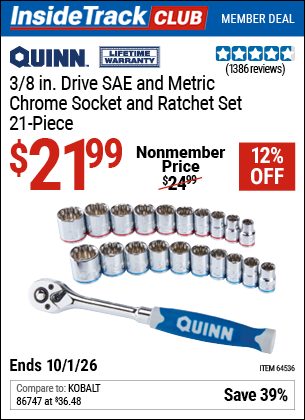 www.hfqpdb.com - QUINN 3/8 IN. DRIVE SAE AND METRIC CHROME SOCKET AND RATCHET SET, 21-PIECE Lot No. 64536