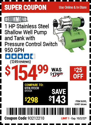 Harbor Freight 1 HP STAINLESS STEEL SHALLOW WELL PUMP AND TANK coupon