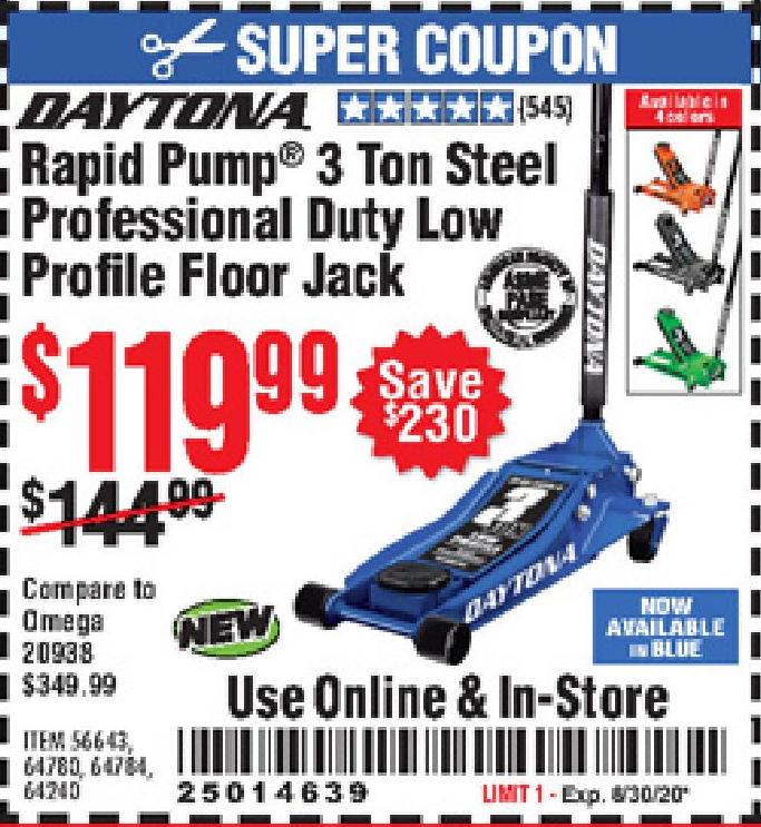 Harbor Freight Tools Coupon Database - Free coupons, 25 percent off coupons,  toolbox coupons - DAYTONA RAPID PUMP 3 TON STEEL LOW PROFILE FLOOR JACKS