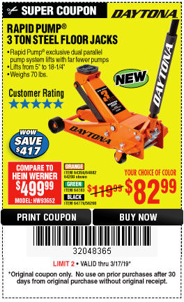 Harbor Freight Tools Coupon Database - Free coupons, 25 percent off coupons,  toolbox coupons - DAYTONA RAPID PUMP 3 TON STEEL LOW PROFILE FLOOR JACKS