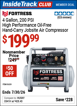 www.hfqpdb.com - FORTRESS 4 GALLON, 200 PSI HIGH PERFORMANCE OIL-FREE HAND-CARRY JOBSITE AIR COMPRESSOR Lot No. 56339