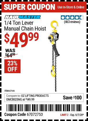 www.hfqpdb.com - HAUL-MASTER 1/4 TON LEVER MANUAL CHAIN HOIST Lot No. 67144