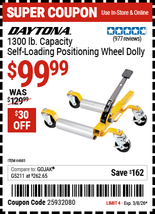 www.hfqpdb.com - DAYTONA 1300 LB. CAPACITY SELF-LOADING POSITIONING WHEEL DOLLY Lot No. 64601
