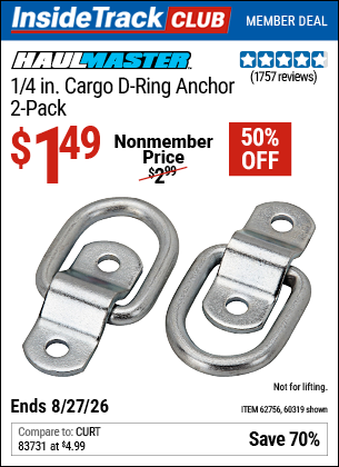 www.hfqpdb.com - HAUL-MASTER 1/4 IN. CARGO D-RING ANCHOR, 2-PACK Lot No. 60319/62756