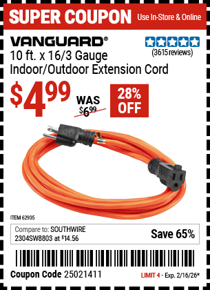 www.hfqpdb.com - VANGUARD 10 FT. X 16/3 GAUGE INDOOR/OUTDOOR EXTENSION CORD, ORANGE Lot No. 62935/62936