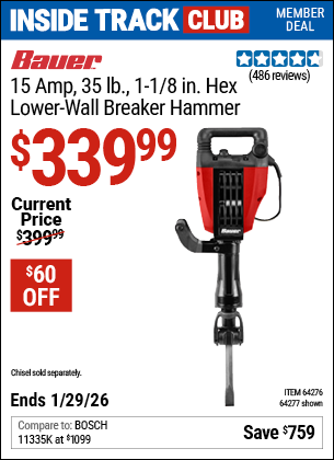 Harbor Freight BAUER 15 AMP, 35 LB., 1-1/8 IN. HEX LOWER-WALL BREAKER HAMMER coupon