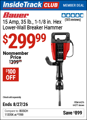 www.hfqpdb.com - BAUER 15 AMP, 35 LB., 1-1/8 IN. HEX LOWER-WALL BREAKER HAMMER Lot No. 64277/64276