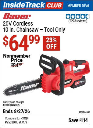 www.hfqpdb.com - BAUER 20V CORDLESS, 10 IN. CHAINSAW &ndash; TOOL ONLY Lot No. 64940