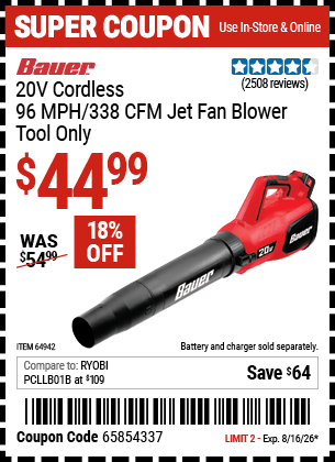 www.hfqpdb.com - BAUER 20V CORDLESS, 96 MPH/338 CFM JET FAN BLOWER &ndash; TOOL ONLY Lot No. 64942