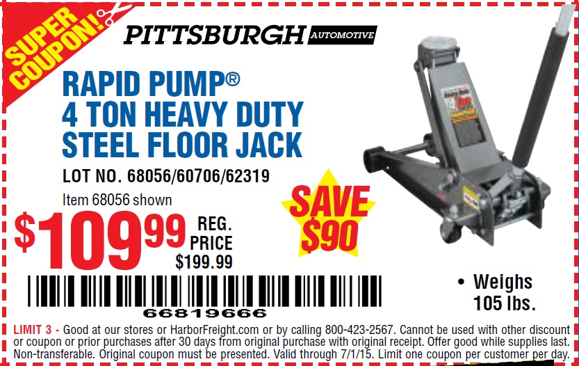 Harbor Freight Tools Coupon Database - Free coupons, 25 percent off coupons,  toolbox coupons - RAPID PUMP 4 TON HEAVY DUTY STEEL FLOOR JACK