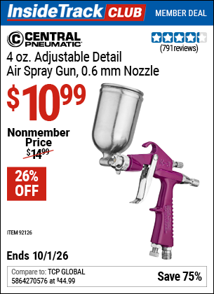 Harbor Freight CENTRAL PNEUMATIC 4 OZ. ADJUSTABLE DETAIL AIR SPRAY GUN, 0.6 MM NOZZLE coupon