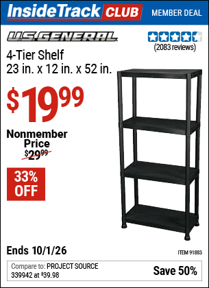 Harbor Freight U.S. GENERAL 4-TIER SHELF, 23 IN. X 12 IN. X 52 IN. coupon