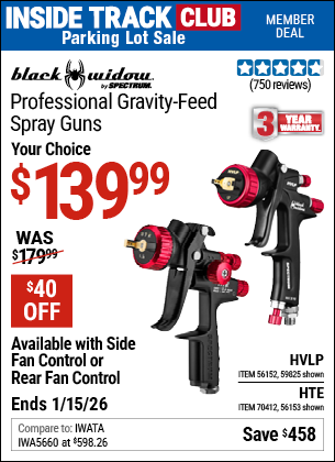 Harbor Freight BLACK WIDOW BY SPECTRUM PROFESSIONAL GRAVITY-FEED SPRAY GUN WITH FAN CONTROL coupon