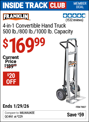 Harbor Freight FRANKLIN 4-IN-1 CONVERTIBLE HAND TRUCK, 500 LB./800 LB./1000 LB. CAPACITY coupon