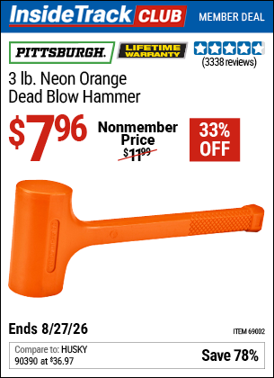 www.hfqpdb.com - PITTSBURGH 3 LB. NEON ORANGE DEAD BLOW HAMMER Lot No. 69002