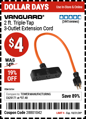www.hfqpdb.com - VANGUARD 2 FT. TRIPLE-TAP, 3-OUTLET EXTENSION CORD Lot No. 56764/61998