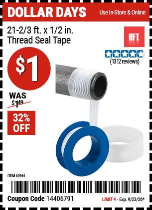 Harbor Freight HFT 21-2/3 FT. X 1/2 IN. THREAD SEAL TAPE coupon