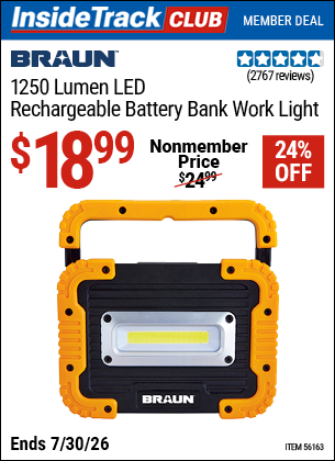 www.hfqpdb.com - BRAUN 1250 LUMEN LED RECHARGEABLE BATTERY BANK WORK LIGHT Lot No. 56163
