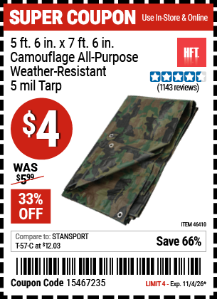 www.hfqpdb.com - HFT 5 FT. 6 IN. X 7 FT. 6 IN. CAMOUFLAGE ALL-PURPOSE/WEATHER-RESISTANT 5 MIL TARP Lot No. 46410/61763