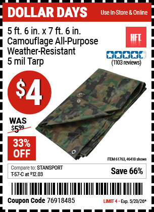 www.hfqpdb.com - HFT 5 FT. 6 IN. X 7 FT. 6 IN. CAMOUFLAGE ALL-PURPOSE/WEATHER-RESISTANT 5 MIL TARP Lot No. 46410/61763