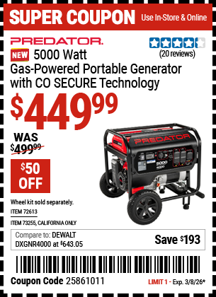 www.hfqpdb.com - PREDATOR 5000 WATT GAS-POWERED PORTABLE GENERATOR WITH CO SECURE TECHNOLOGY Lot No. 72613/73255/56385