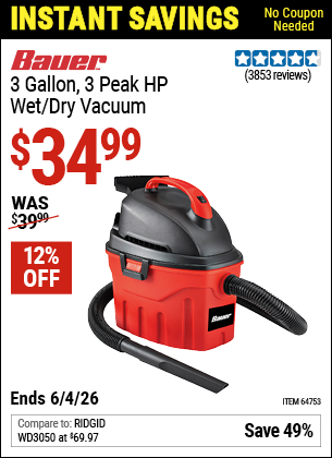 www.hfqpdb.com - BAUER 3 GALLON, 3 PEAK HP WET/DRY VACUUM Lot No. 64753