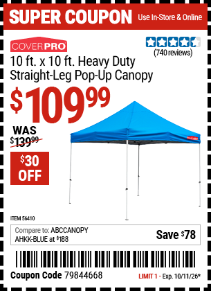 Harbor Freight COVERPRO 10 FT. X 10 FT. HEAVY DUTY STRAIGHT-LEG POP-UP CANOPY coupon
