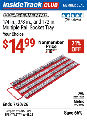 www.hfqpdb.com - U.S. GENERAL 1/4 IN., 3/8 IN., AND 1/2 IN. MULTIPLE RAIL SOCKET TRAY Lot No. 70025/70024