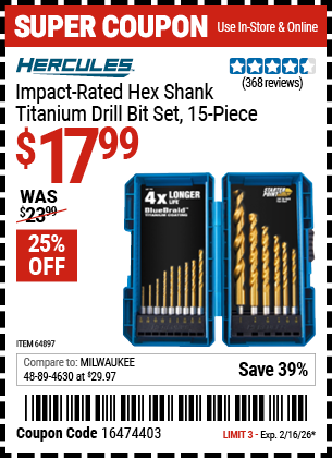 www.hfqpdb.com - HERCULES IMPACT-RATED HEX SHANK TITANIUM DRILL BIT SET, 15-PIECE Lot No. 64897