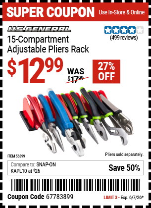 www.hfqpdb.com - U.S. GENERAL 15-COMPARTMENT ADJUSTABLE PLIERS RACK Lot No. 56399