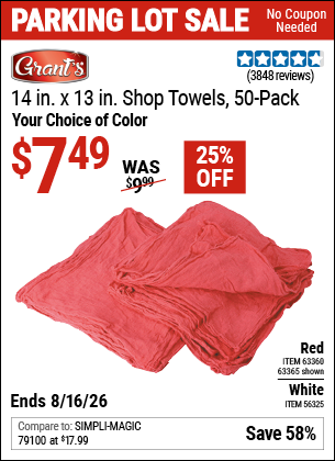 Harbor Freight GRANT'S SHOP TOWELS, 14 IN. X 13 IN., 50-PACK coupon