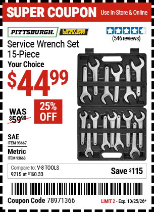 www.hfqpdb.com - PITTSBURGH SERVICE WRENCH SET, 15-PIECE Lot No. 93667/93668