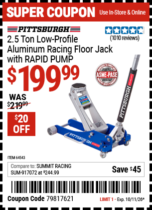 Harbor Freight PITTSBURGH 2.5 TON LOW-PROFILE ALUMINUM RACING FLOOR JACK WITH RAPID PUMP coupon