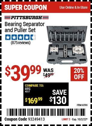 Harbor Freight BEARING SEPARATOR AND PULLER SET coupon
